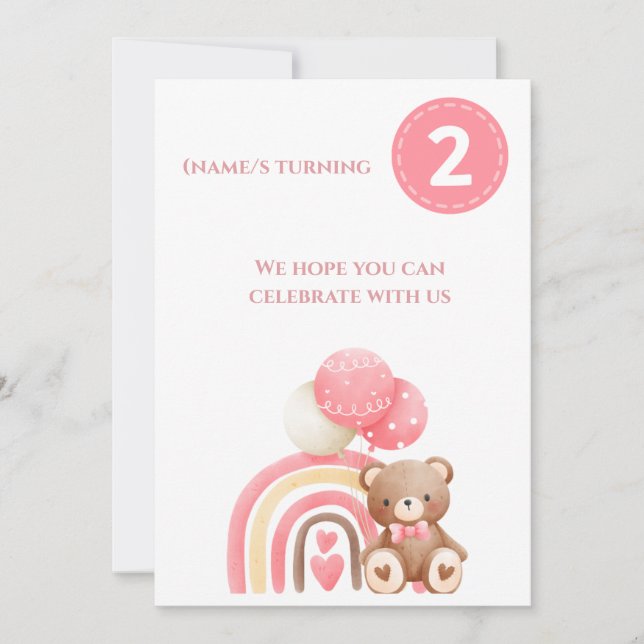 Jolie rose et mignonne 2e invitation anniversaire (Devant)