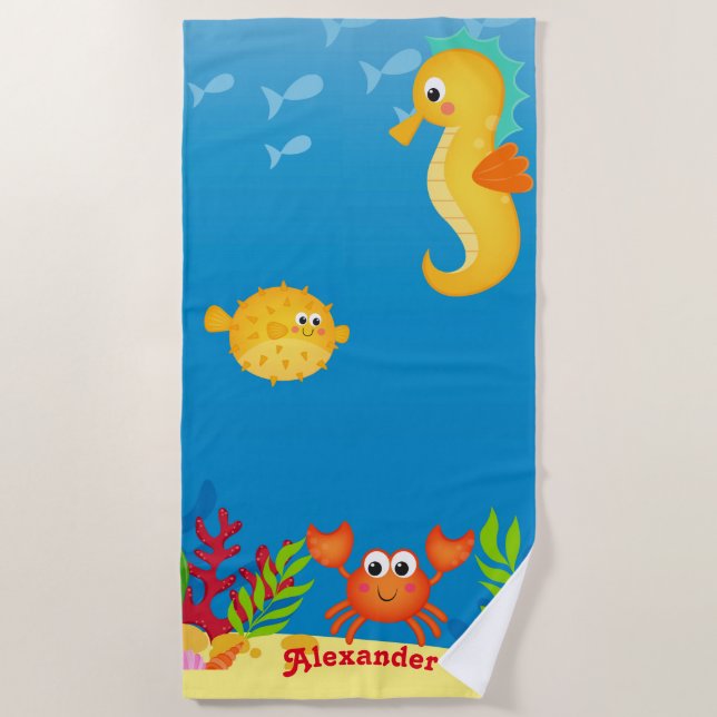 Jolie Serviette de plage pour hippocampe et crabe (Devant)