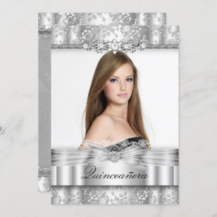 Jolie Silver Floral Photo Quinceanera Invitation