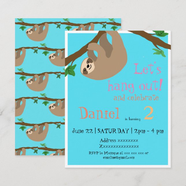 Jolie Sloth, invitation à la fête d'anniversaire (Devant / Derrière)