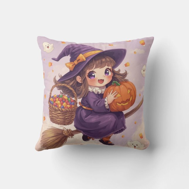 Jolie sorcière avec Coussin d'Halloween Citrouille (Verso)