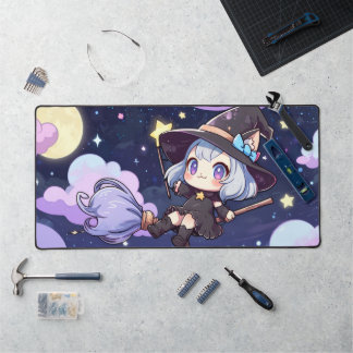 Jolie sorcière chibi volant dans le ciel nocturne