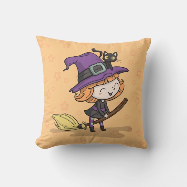 Jolie sorcière d'Halloween et chat | Coussin décor (Recto)