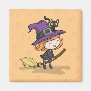 Jolie sorcière d'Halloween et chat   Magnet