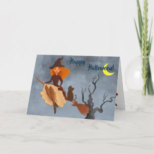 Jolie sorcière et chatte sur la carte d'Halloween 