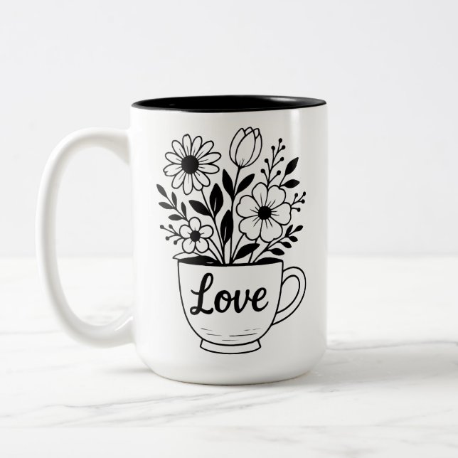 Jolie tasse à thé noire avec mug à fleurs (Gauche)