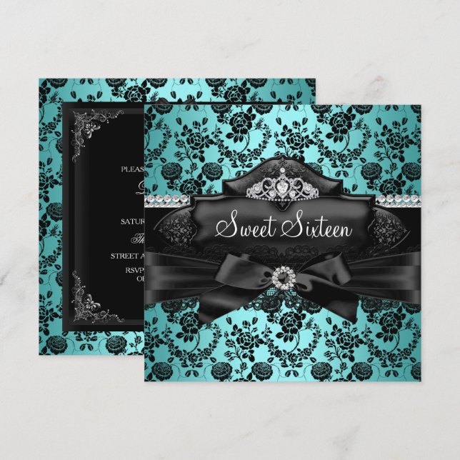 Jolie Tiara & Bow Turquoise Sweet 16 Invitation (Devant / Derrière)
