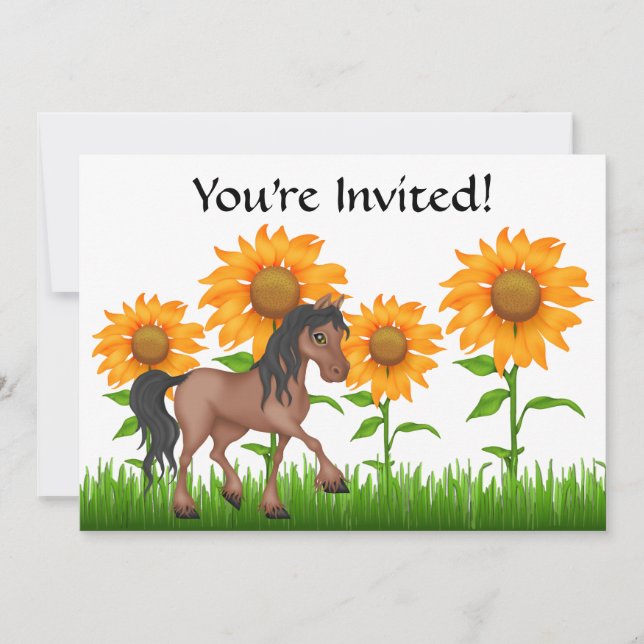 Jolie tournesol et cheval Invitation fête d'annive (Devant)