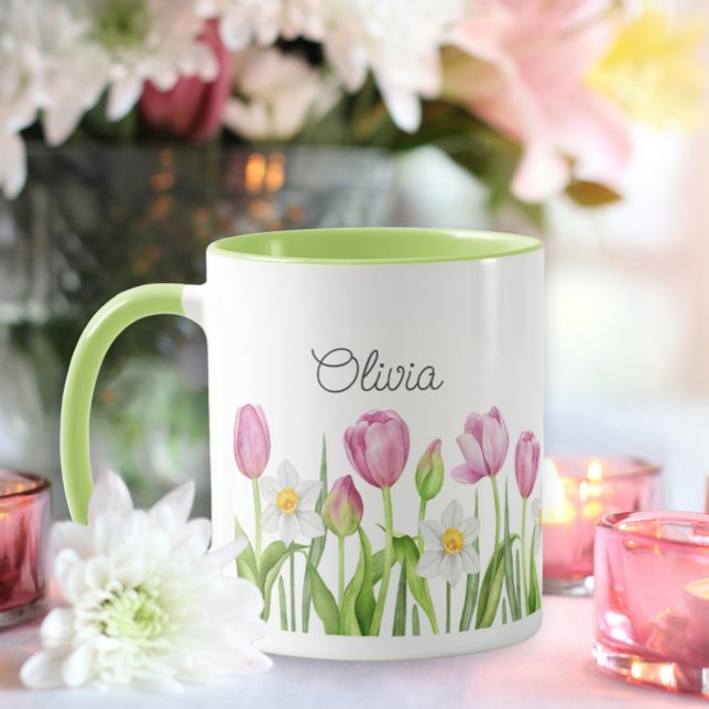 Jolie Tulipes roses et Daffodiles blancs Café Mug (Créateur téléchargé)