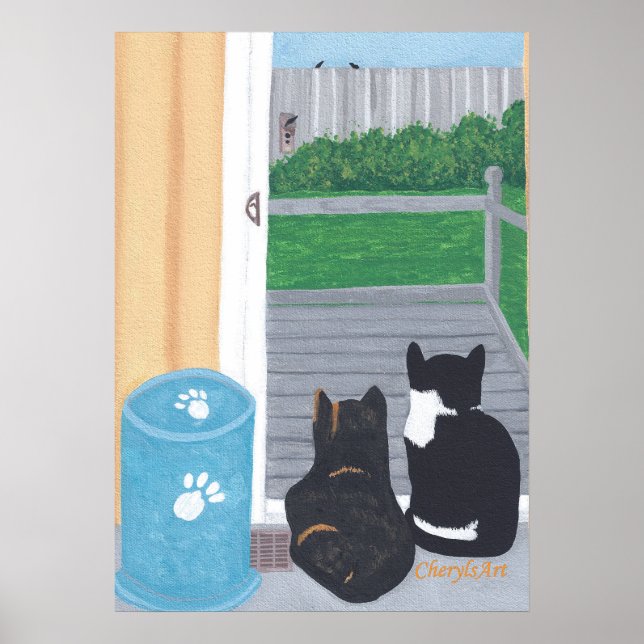 Jolies affiches de deux chats regardant les oiseau (Devant)