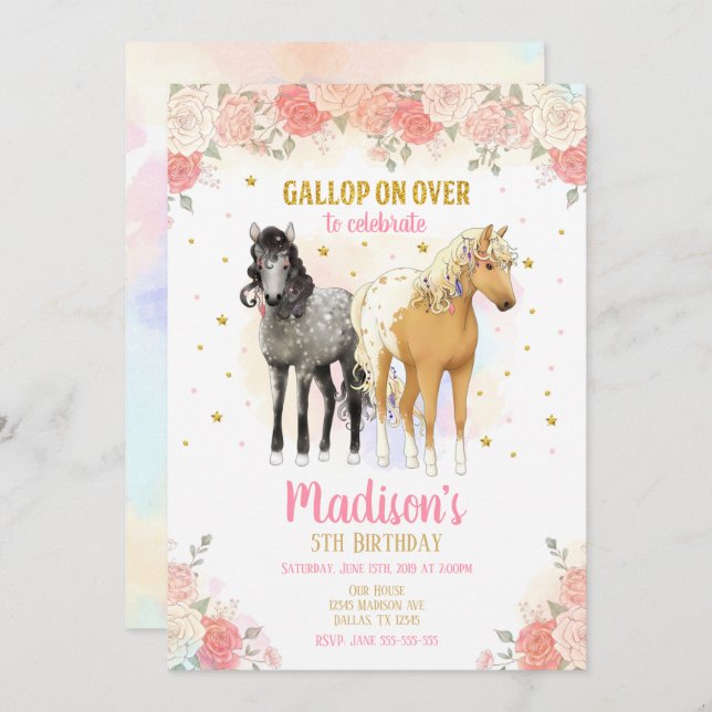 Jolies chevaux et fleurs Invitation Anniversaire (Devant / Derrière)