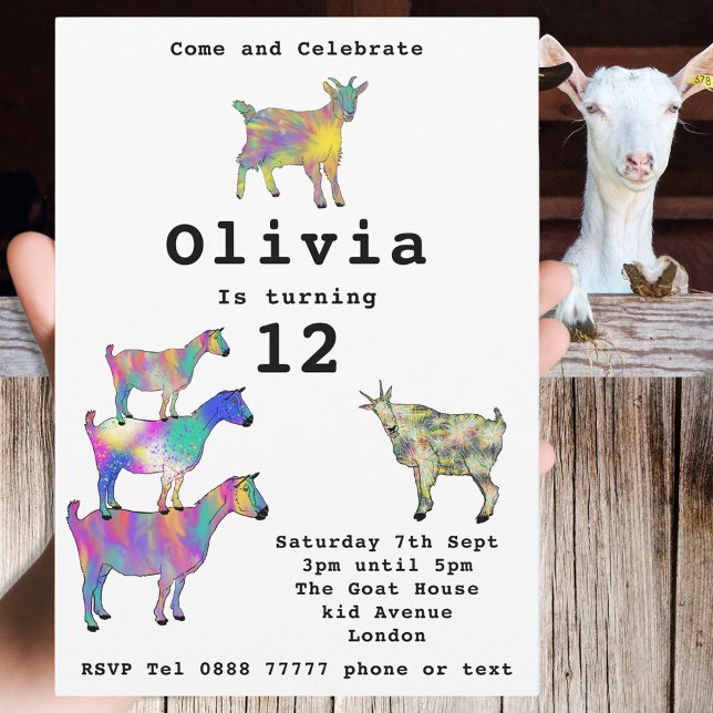 Jolies chèvres Filles Anniversaire Fête Coloré (Cute goats colorful farm animal art 12th birthday party invitation)