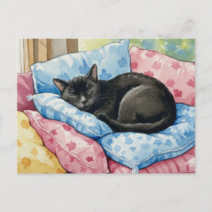 Jolies coussins de chat noir endormi Carte postale
