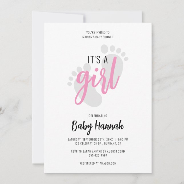 Jolies Empreintes Roses C'est une Fille Invitation (Devant)