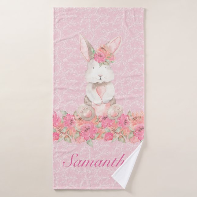 Jolies filles rose Floral Lapin Bois (Serviette de bain)