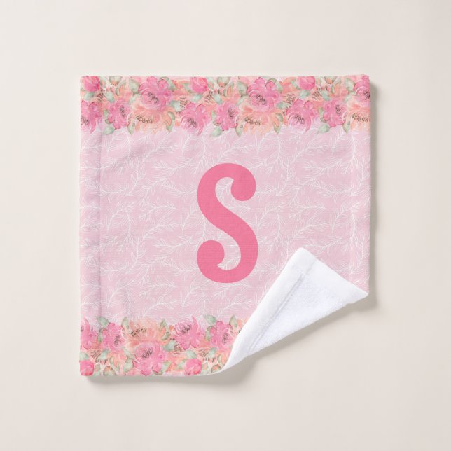 Jolies filles rose Floral Monogramme de bois (Gant de toilette)