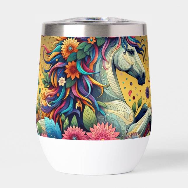 Jolies fleurs colorées fantaisistes et cheval blan (Avant)