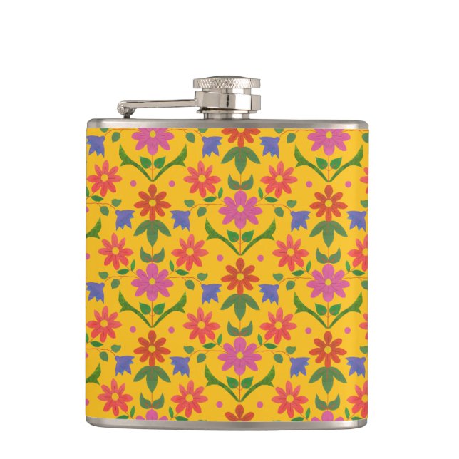 Jolies fleurs et Pois sur flacon de hanche jaune (Devant)