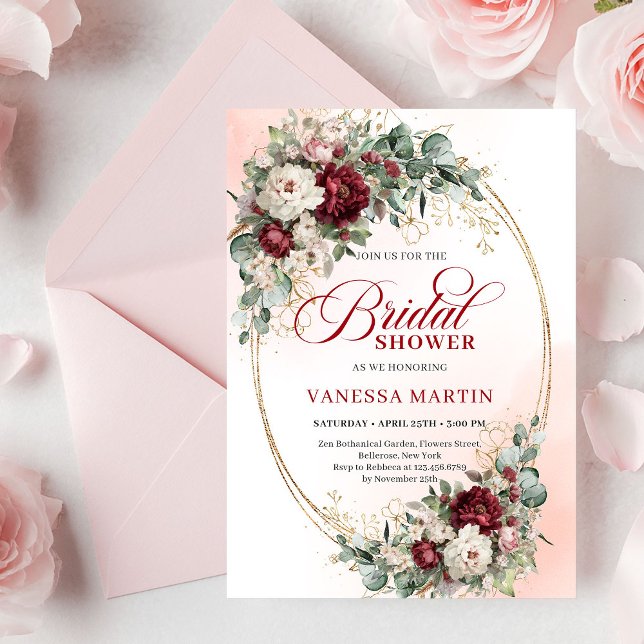 Jolies Fleurs Marsala Or Invitation de Fête de Mar (Pretty Marsala Flowers Gold Bridal Shower Invite

)