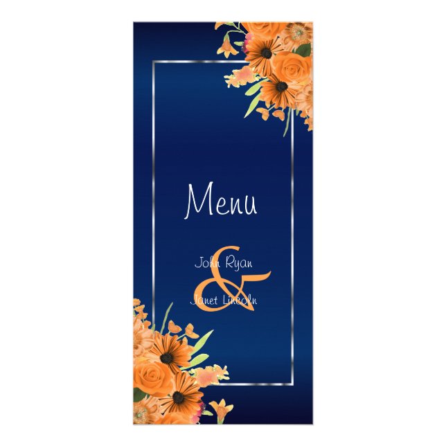 Jolies fleurs orange sur bleu marine - Menu (Devant)