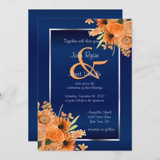 Jolies fleurs orange sur les invitations bleu mari (Devant / Derrière)