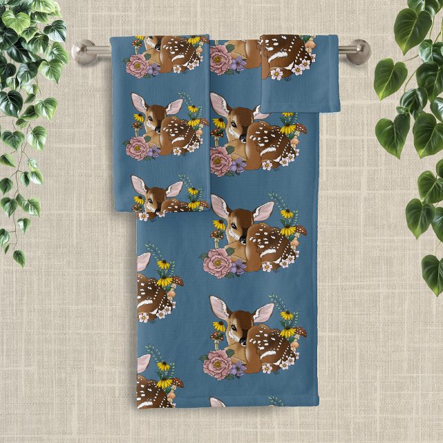 Jolies Fleurs Sauvages Faon Bleu Bébé Cerf Forêt (Créateur téléchargé)