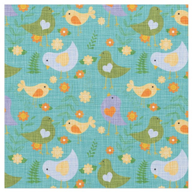 Jolies oiseaux et fleurs sur le tissu d'Aqua (Fermer)