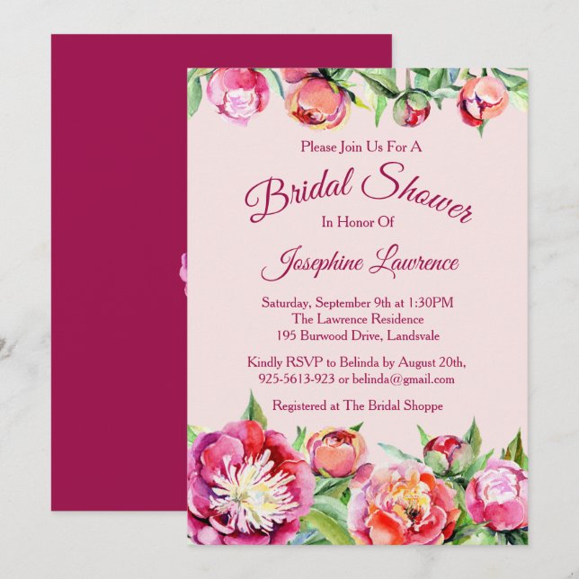 Jolies Peonies Floral Bridal Showches Invitations (Devant / Derrière)