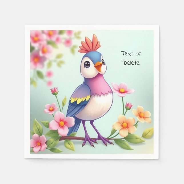 Jolies serviettes en papier fleurs oiseau bleu ros (Devant)