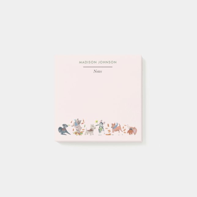 Jolis chiens notes post-it monogramme rose (Devant)