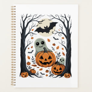 Jolis fantômes d'Halloween et forêt de citrouilles