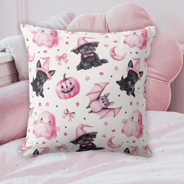 Jolis fantômes et chiens roses d'Halloween Coussin (Cute Pink Halloween Ghosts & Dogs Throw Pillow)