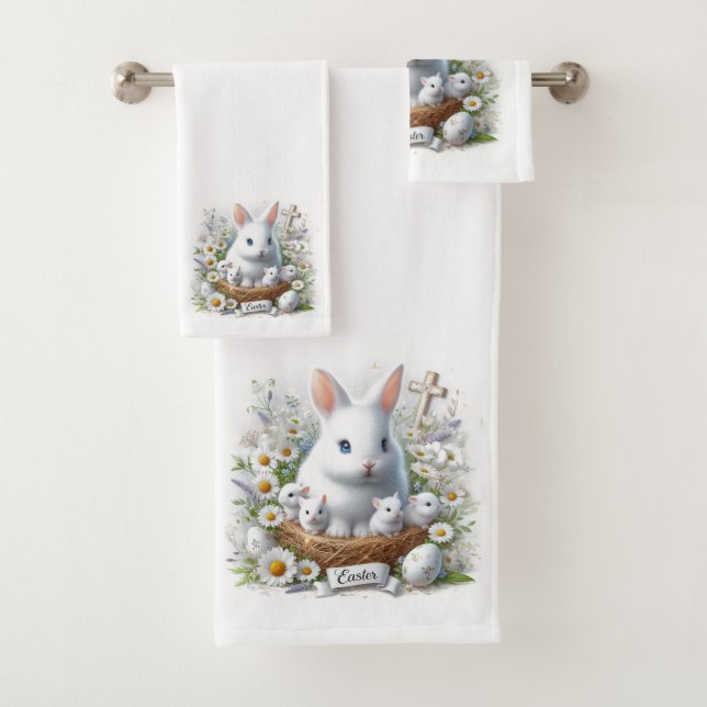 Jolis lapins de Pâques blancs, marguerites et croi (En situation)