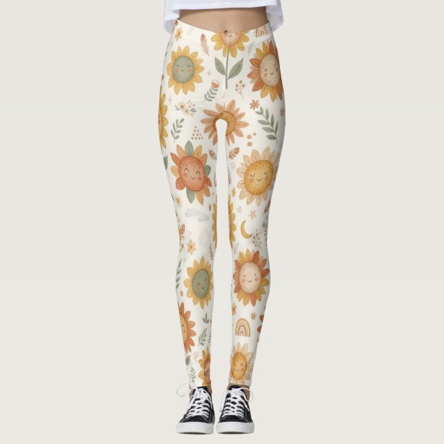 Jolis leggings bohèmes soleil et arc-en-ciel pour  (Devant)
