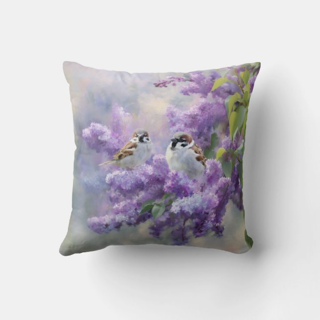 Jolis moineaux sur Coussin de jeté à fleurs de lil (Verso)