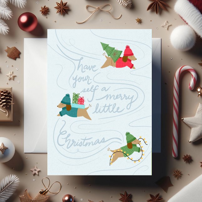 Jolis Petits Chiots - Carte de Fêtes Non-Photo à F (Non-photo holiday card, "Merry Little Pups", illustrated by Clearlytangled Studio.)