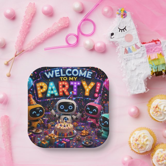 Jolis robots mignons, grande assiette de fête (Fête)