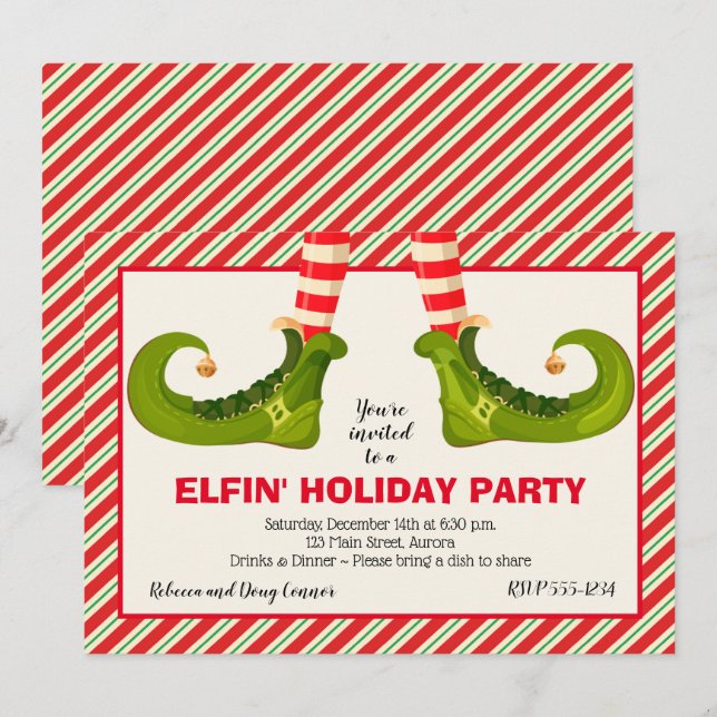 Jolly Christmas Elf Legs Stripes Invitations de va (Devant / Derrière)
