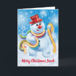 Jolly snowman carte de Noël personnalisée<br><div class="desc">Un bonhomme de noël dansant en teinte de neige. Customisez le message avec votre propre choix de nom,  il est si facile de changer le nom et de rendre le Noël spécial à quelqu'un.</div>