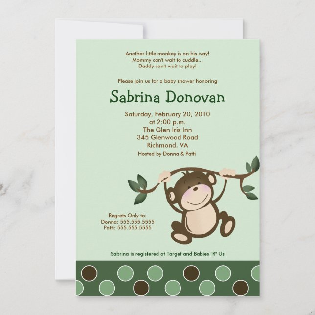 Jouer au singe en Invitation baby shower vert 5 x  (Devant)