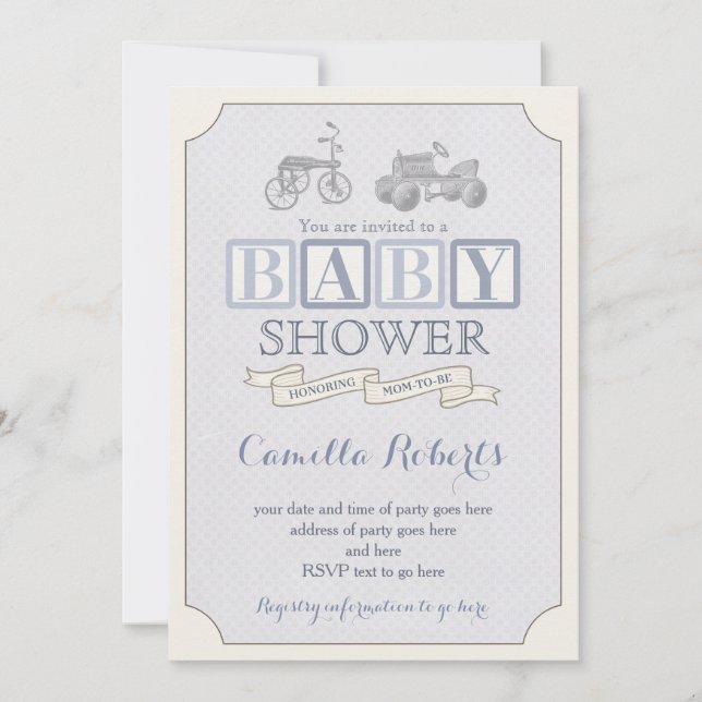 jouet blocs invitation baby shower, voiture à péda (Devant)