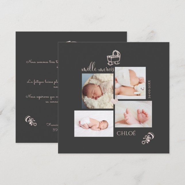 Jouets Rose Pâle Remerciements Carte Naissance Fil (Devant / Derrière)