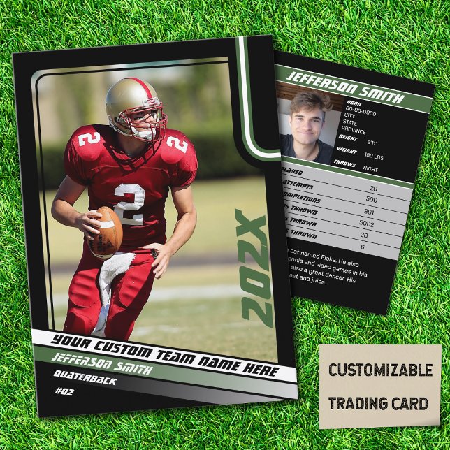 Joueur de football carte de commerce cadeau person (American Football Player Trading Card in Black with Custom Team and Player Name with Green Stripes)