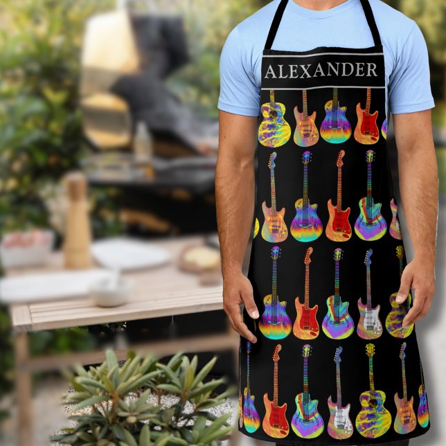 joueur de guitare coloré tablier personnalisé (Personalized vibrant colorful guitar pattern monogram name apron personalized for him Guitar player)
