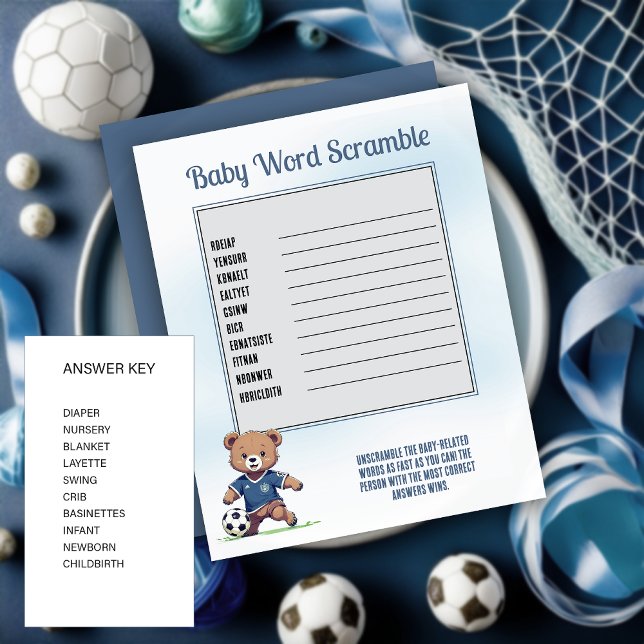 Joueur de soccer de l'ours de garçon Baby shower W (Cute Blue Teddy Bear Soccer Player Boy Baby Shower "Baby Word Scramble" Game Card)