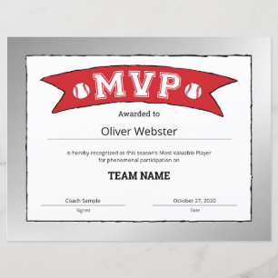 Joueur MVP - Certificat MVP Certificat de baseball