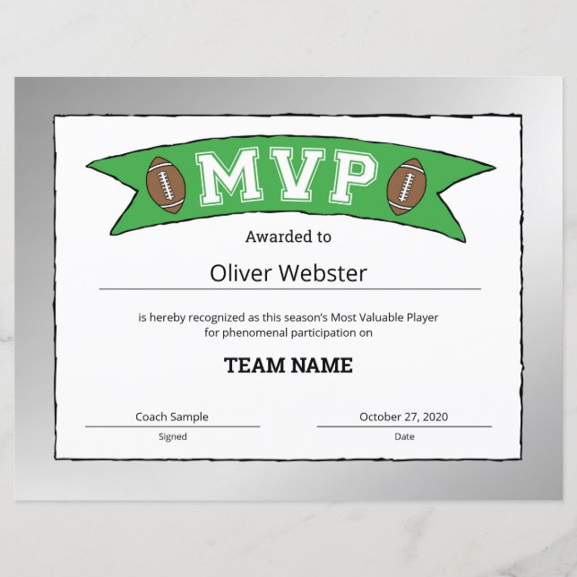 Joueur MVP - Certificat MVP Football Certificat (Devant)