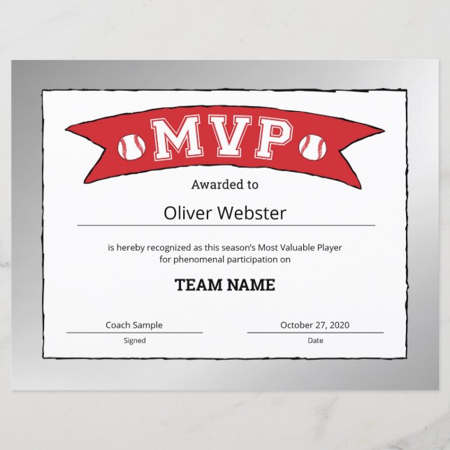 Joueur MVP - Certificats MVP Certificat de Basebal (Devant)