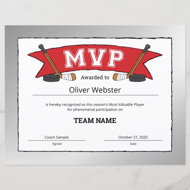 Joueur MVP - Certificats MVP - Certificat de hocke (Devant)