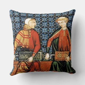 Joueurs médiévaux Hurdy Gurdy sur bleu coussin